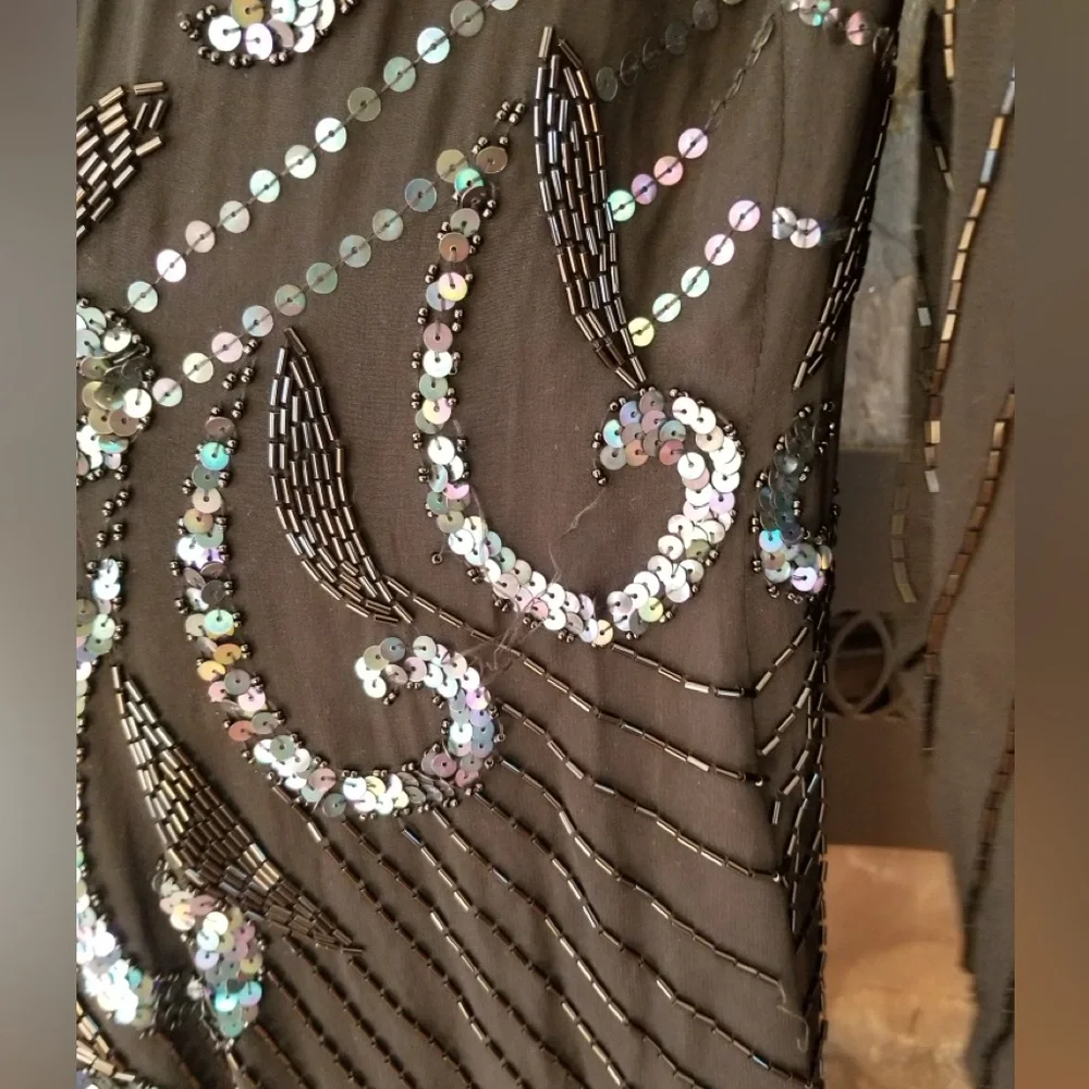 AJ Bari Beaded Silk Formal Dress With Illusion Neck and Long Sleeves Midi Length